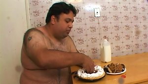 Fat Guy With Small Cock Eats A Cake And Gets A Blowjob