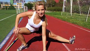 Sporty Track And Field Babe Takes A Bathroom Break To Masturbate