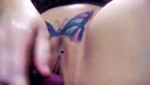 Butterfly Tattoo Over Her Shaved Pussy